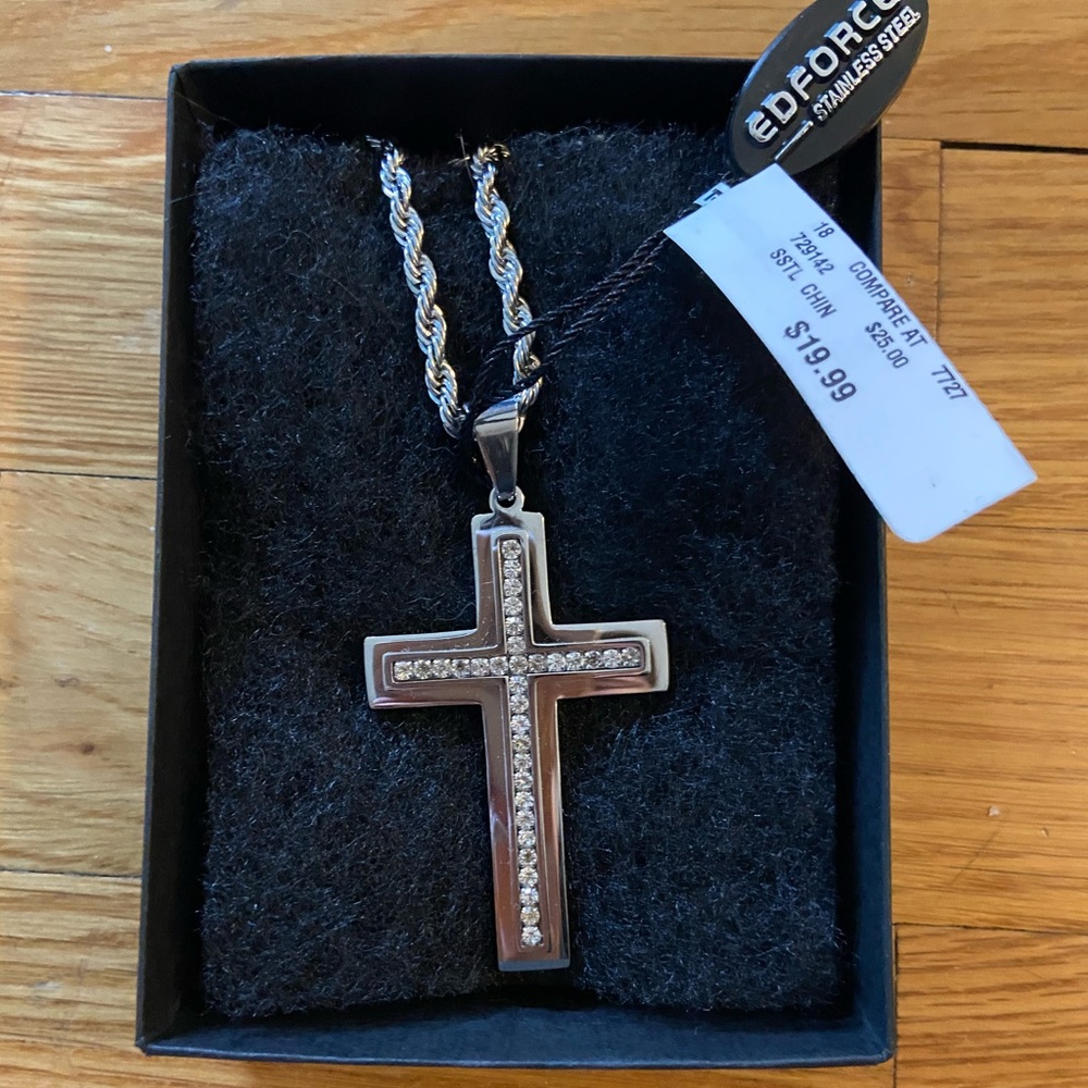 Stainless Steel Rhinestone Cross Pendant Necklace